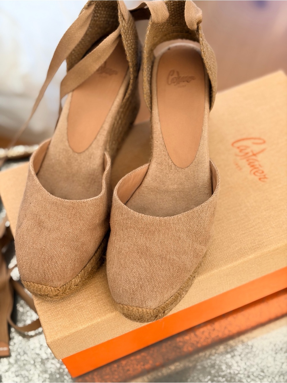 Castaner Tan Canvas Espadrille Wedge Ankle Tie